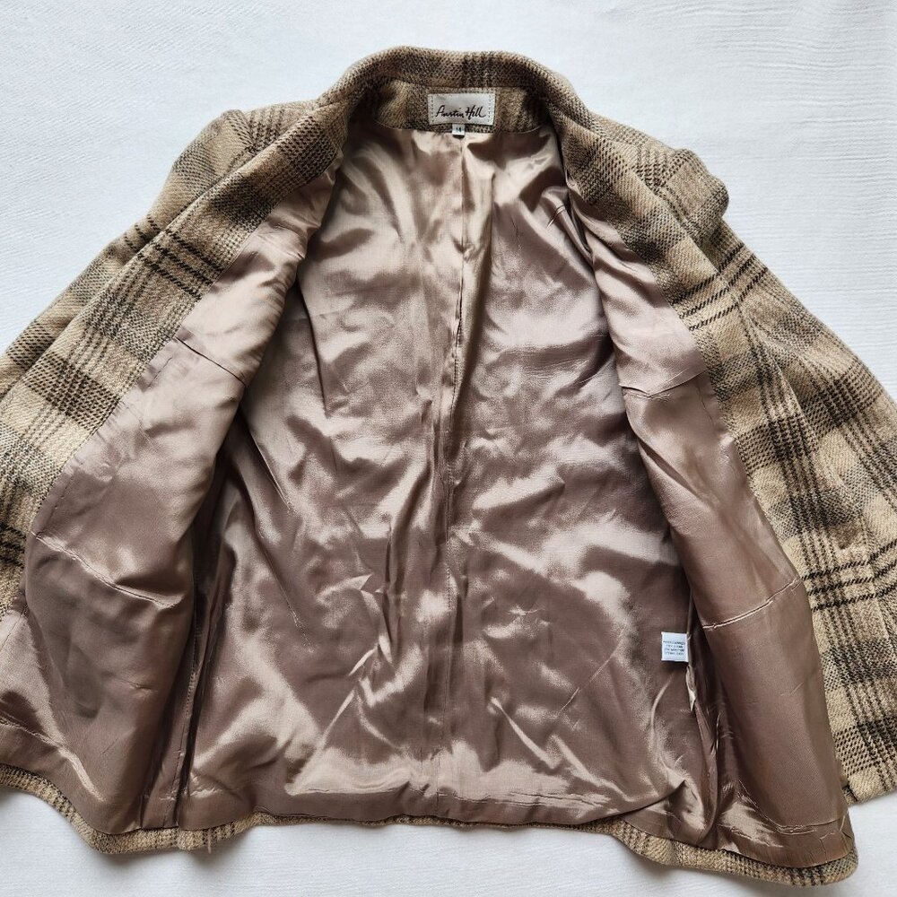 Austin Hill Beige Brown Plaid 100% Wool Blazer Jacket Preppy Winter Work Office - Picture 8 of 12